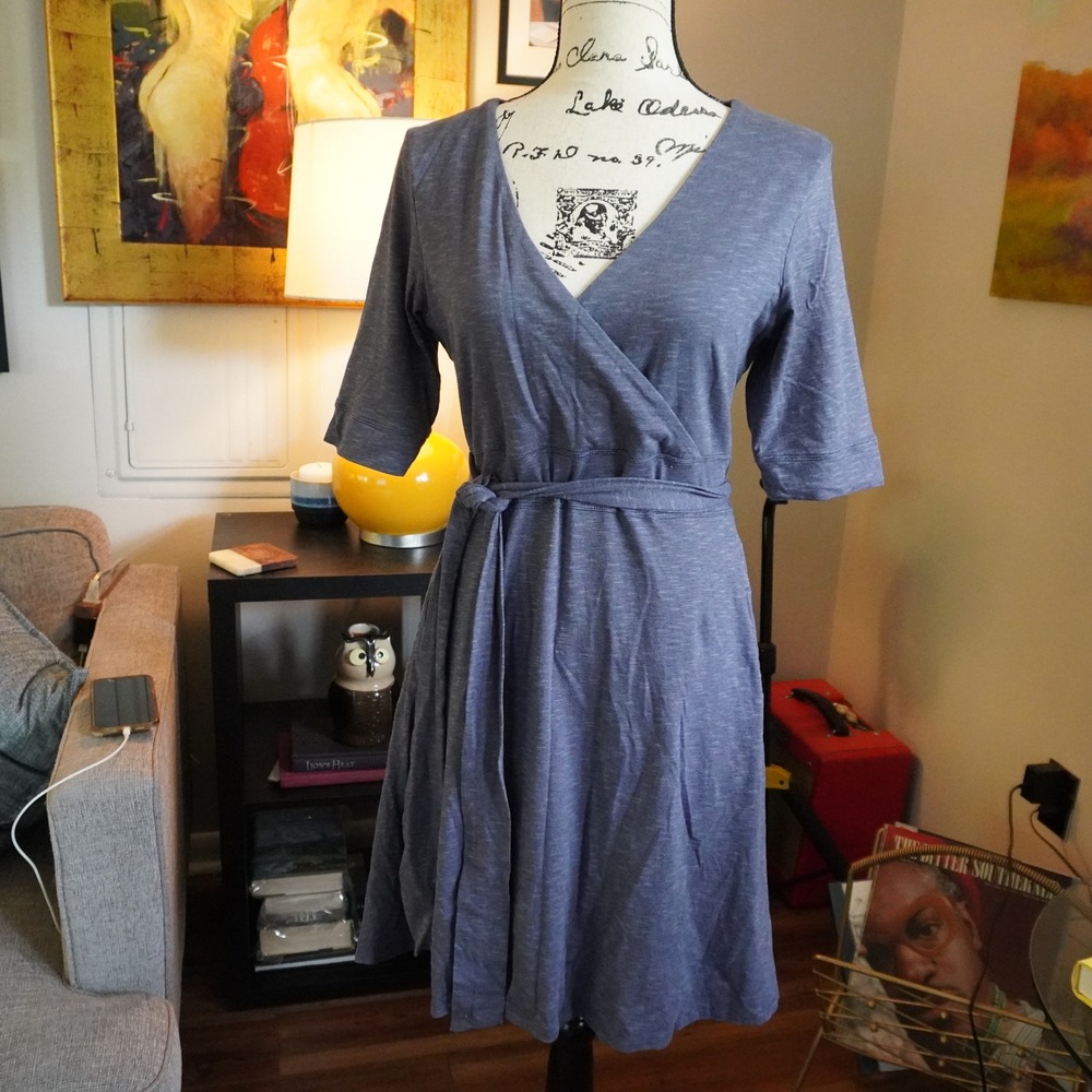 Toad&Co Wrap Cafe Wrap Dress Casual Tencel Blend Eco Friendly Blue Gray Medium